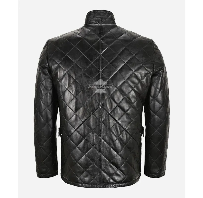 UK Quilted Leather Jacket Men's Soft Leather Band Collar Jacket