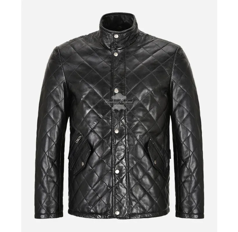 UK Quilted Leather Jacket Men's Soft Leather Band Collar Jacket