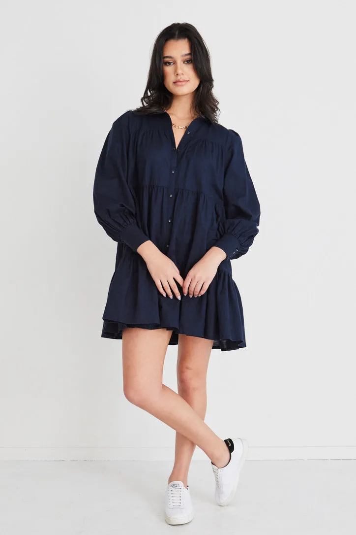 Valley Navy Linen Blend Shirt Style Tiered Mini Dress