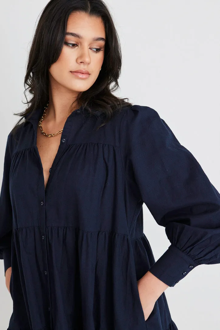 Valley Navy Linen Blend Shirt Style Tiered Mini Dress