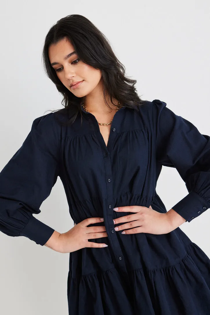 Valley Navy Linen Blend Shirt Style Tiered Mini Dress