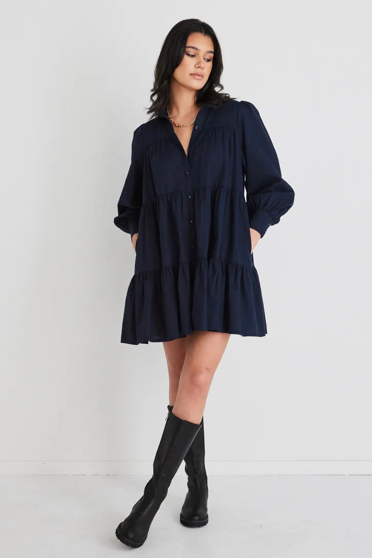 Valley Navy Linen Blend Shirt Style Tiered Mini Dress