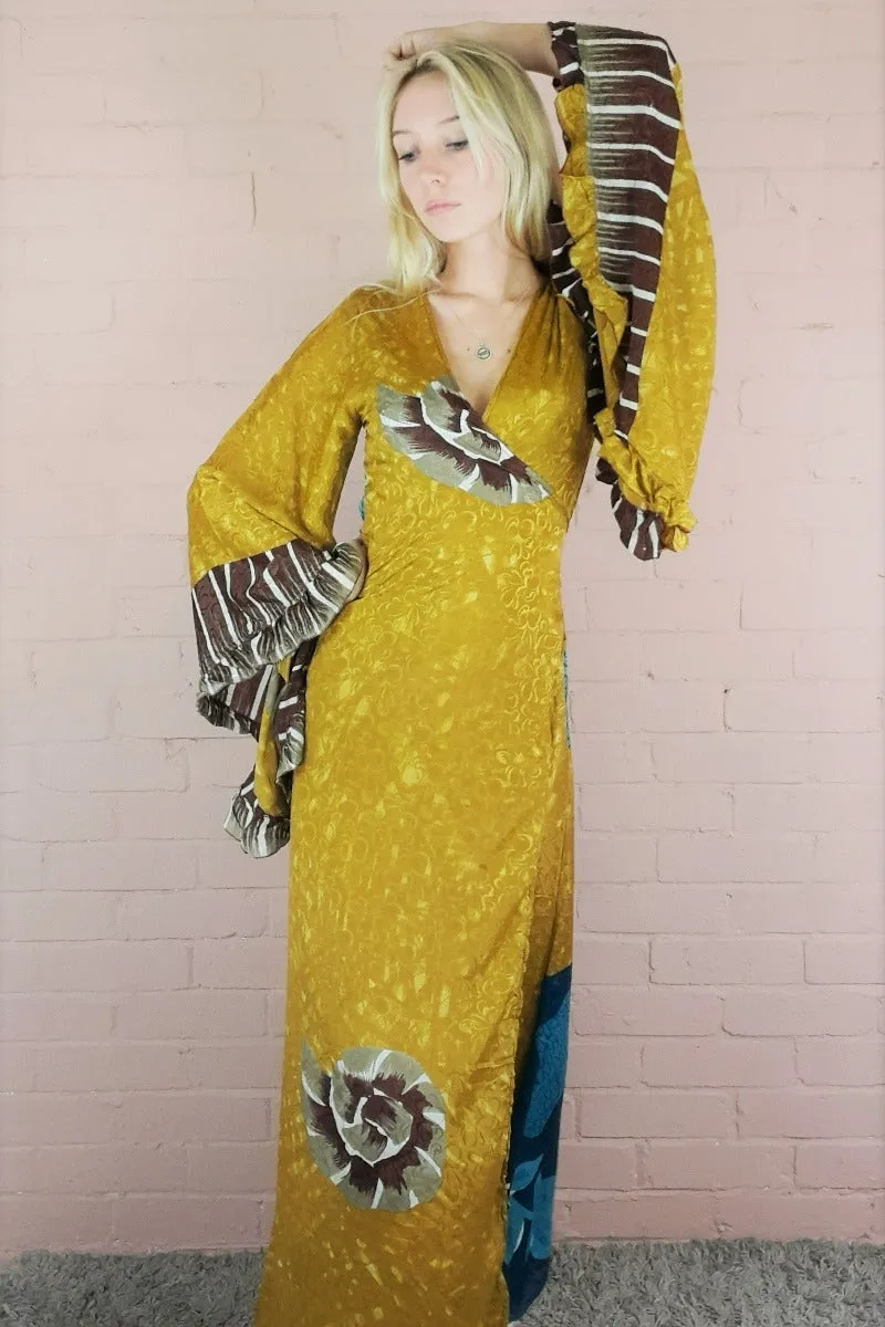 Venus Maxi Wrap Dress - Vintage Sari - Chartreuse with Ammonite Motif - XS