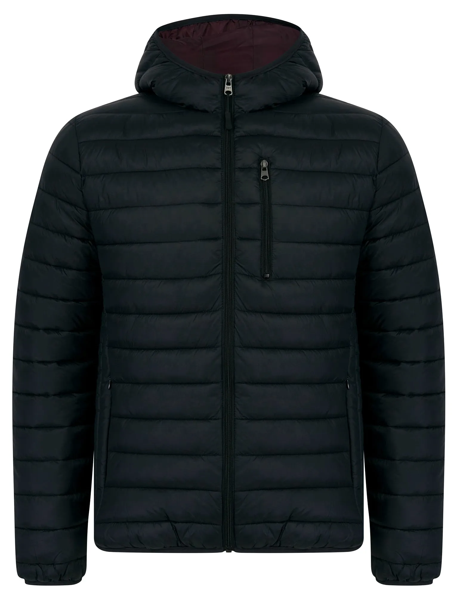 Vizzini Quilted Puffer Jacket with Hood in Jet Black / Burgundy - Tokyo Laundry