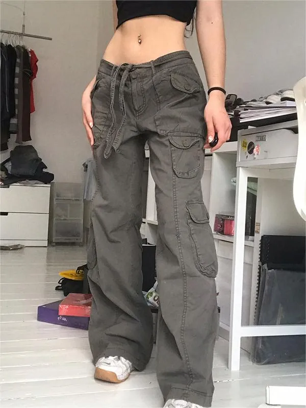 Wenkouban Faded gray 90s vintage cargo pants with cargo pockets