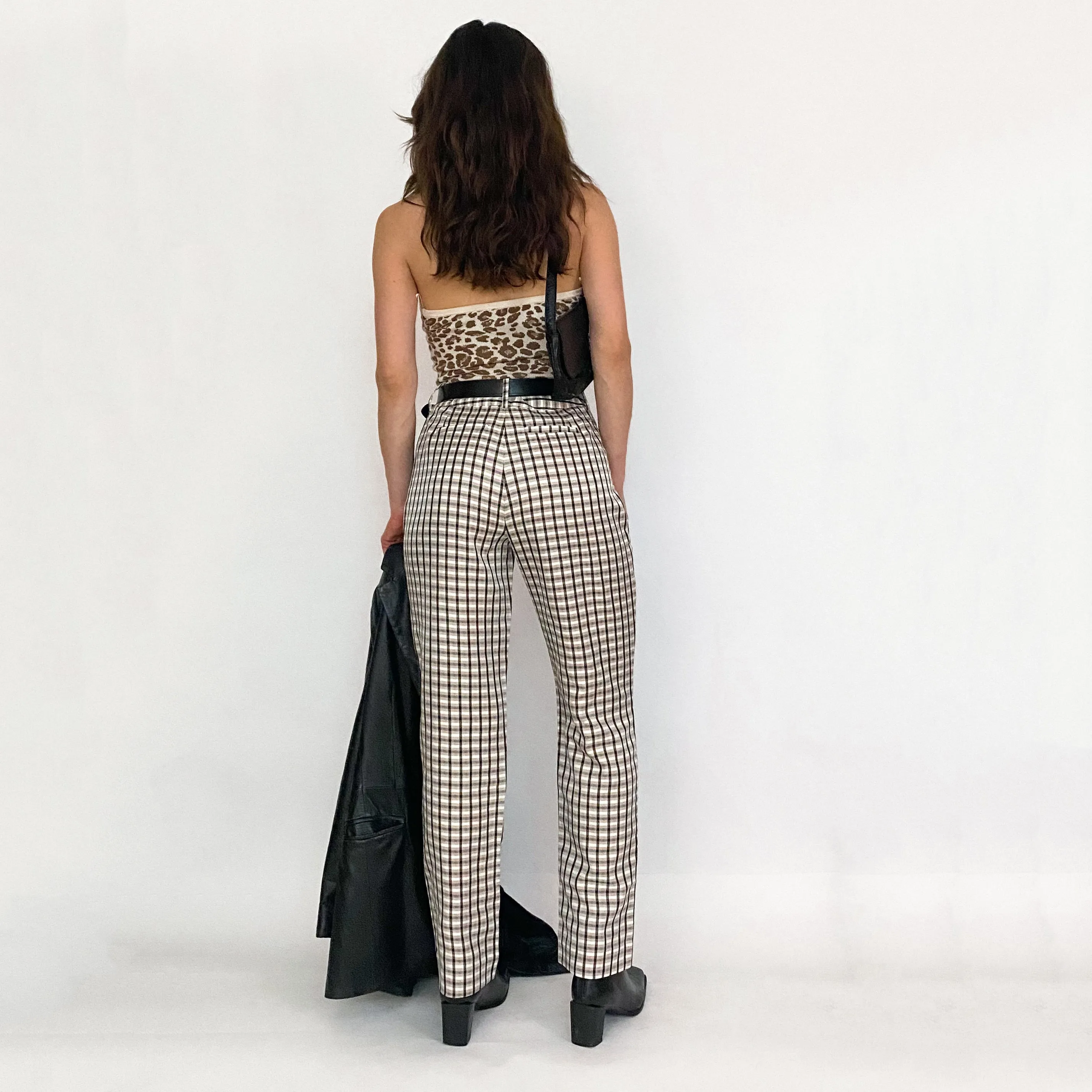 White Plaid High Rise Trousers