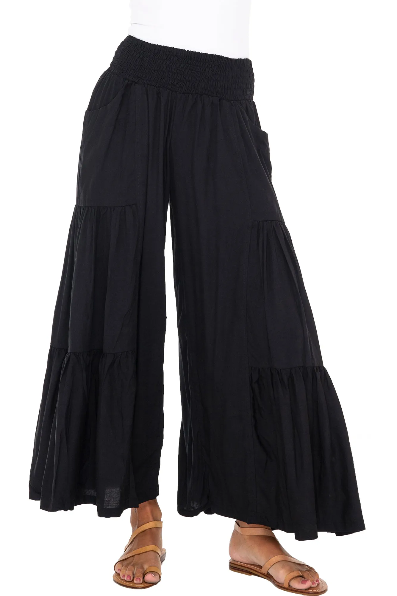 Wide Leg High Waist Boho Ruffle Palazzo Pants with Pockets