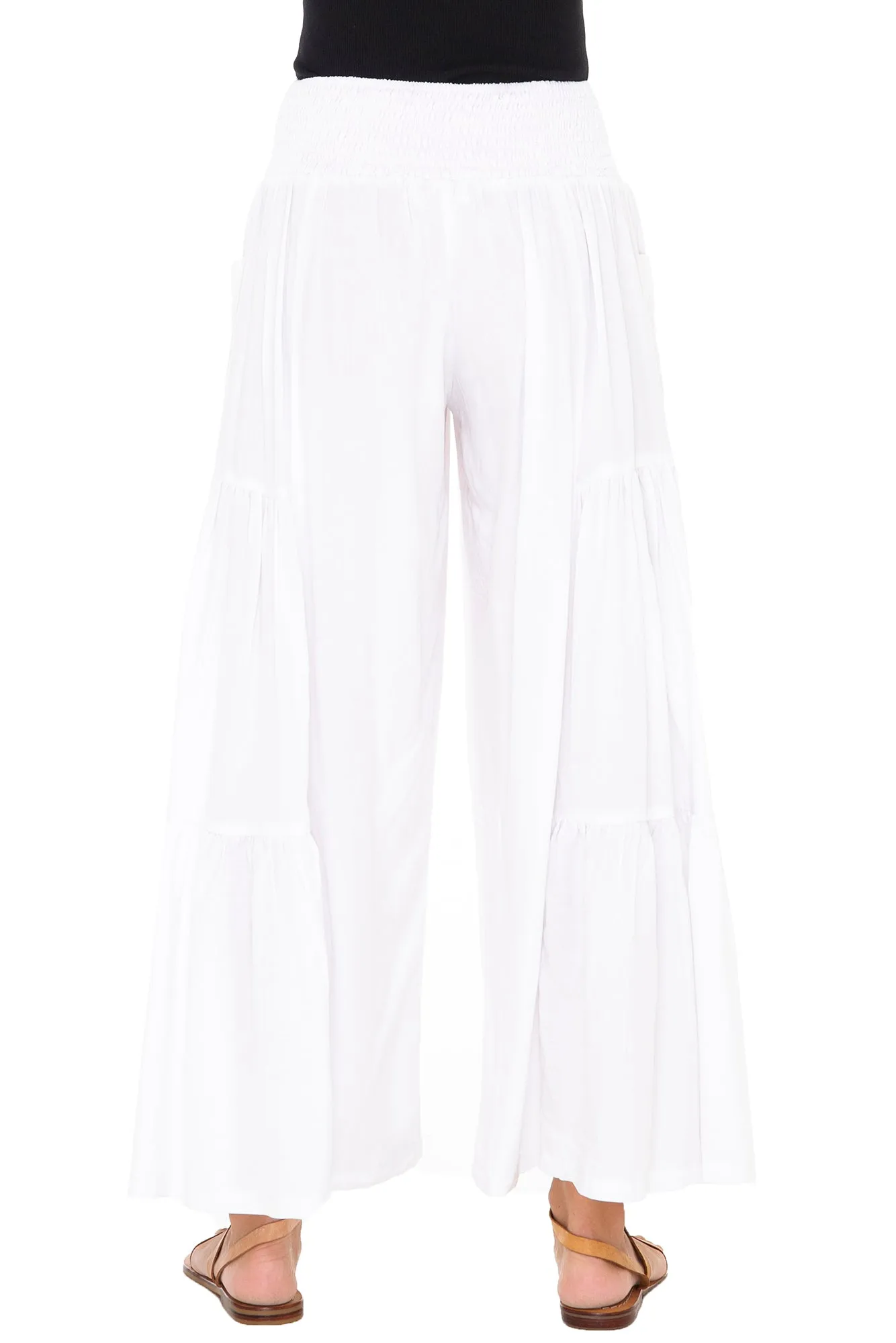 Wide Leg High Waist Boho Ruffle Palazzo Pants with Pockets