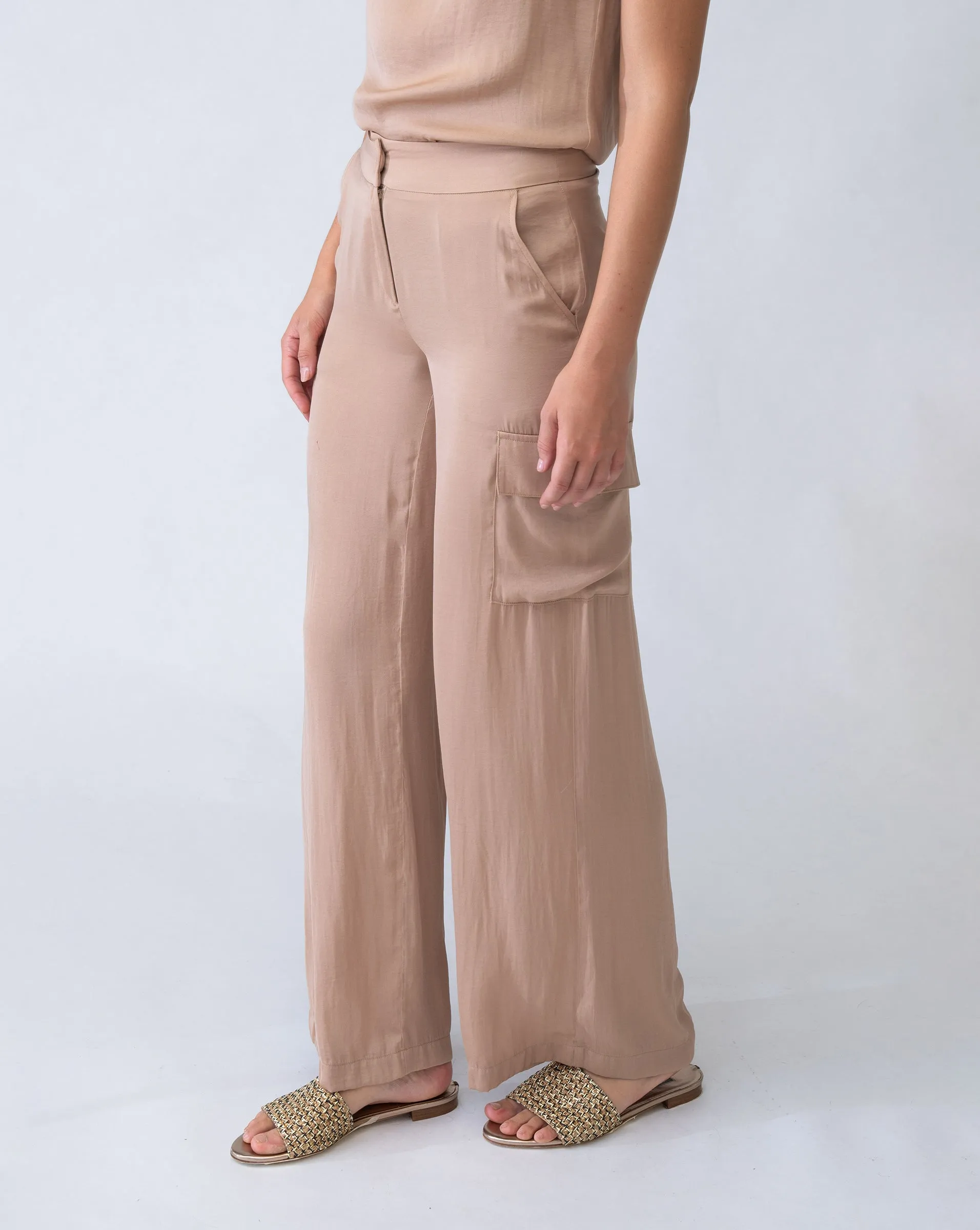 Wide Leg Satin Cargo Pant