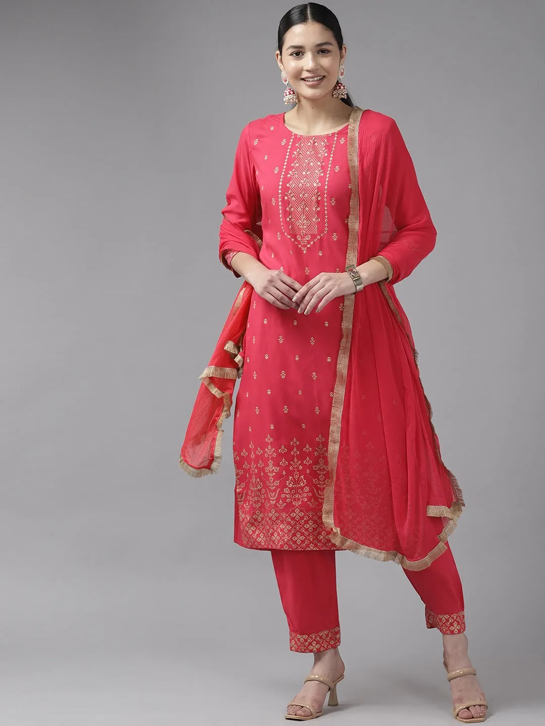 Women Pink Viscose Rayon Kurta Set With Dupatta