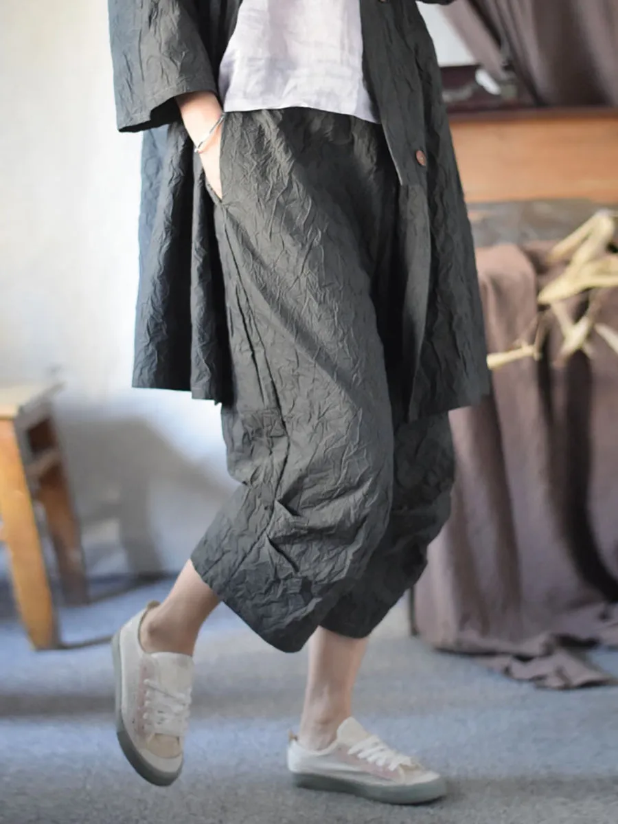 Women Summer Vintage Solid Loose Cotton Calf-Length Pants CV1042