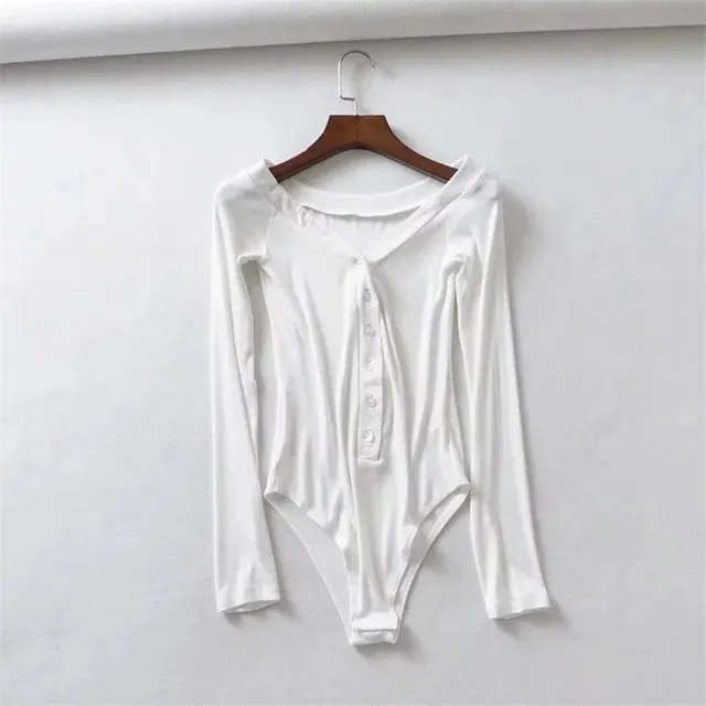 Women V Neck Button Up Bodysuit