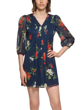 Women's Floral Printed Pleated Dress,Navy