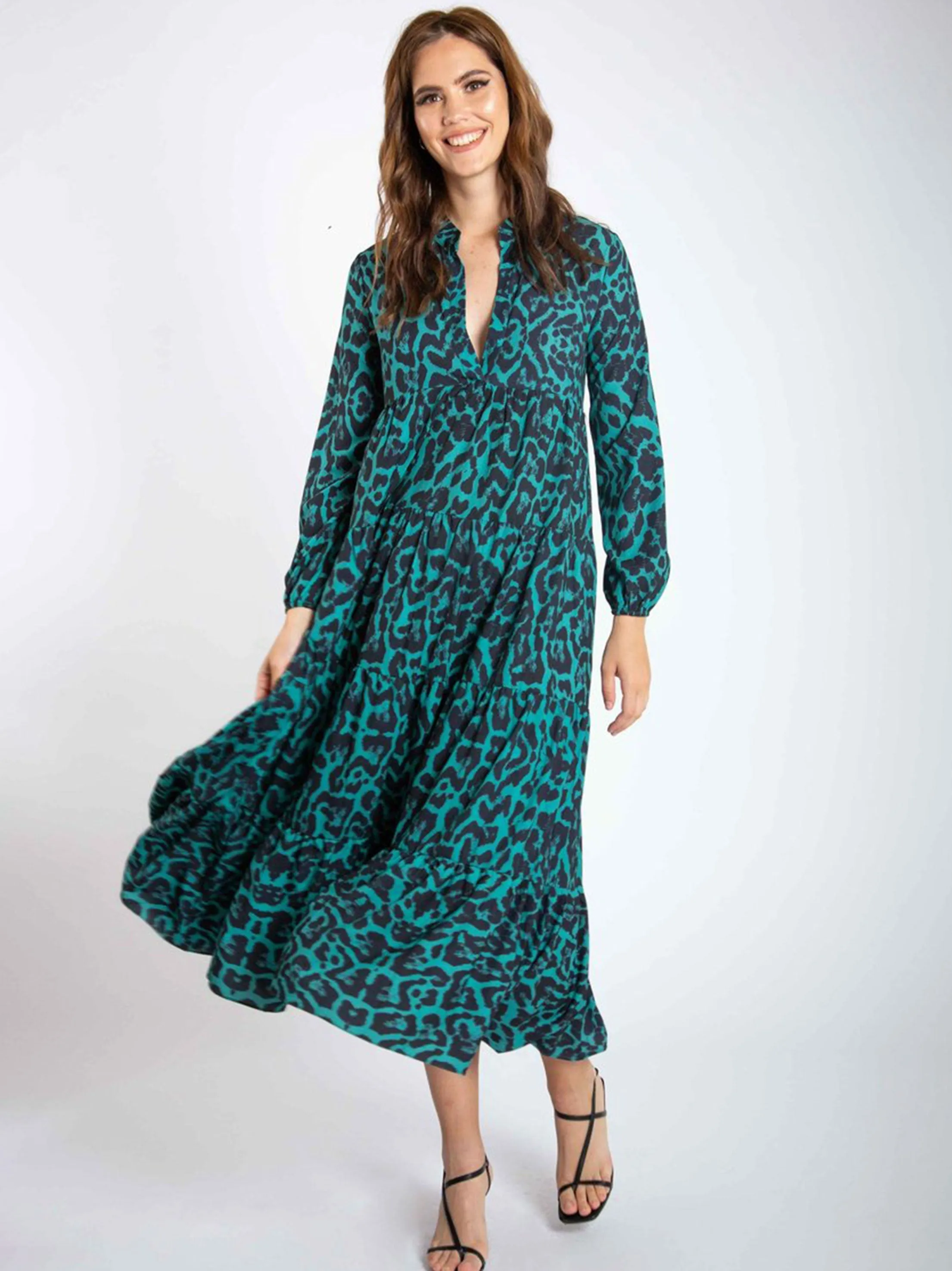 Women's Leopard Printed Long Dress,Green/Black