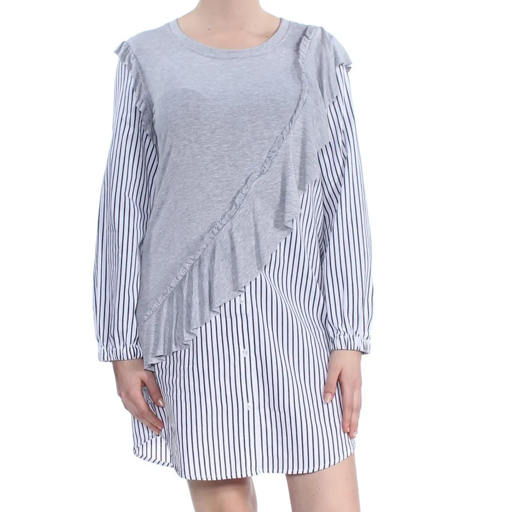 Women's Striped Ruffled Shirt Dress,Grey/White