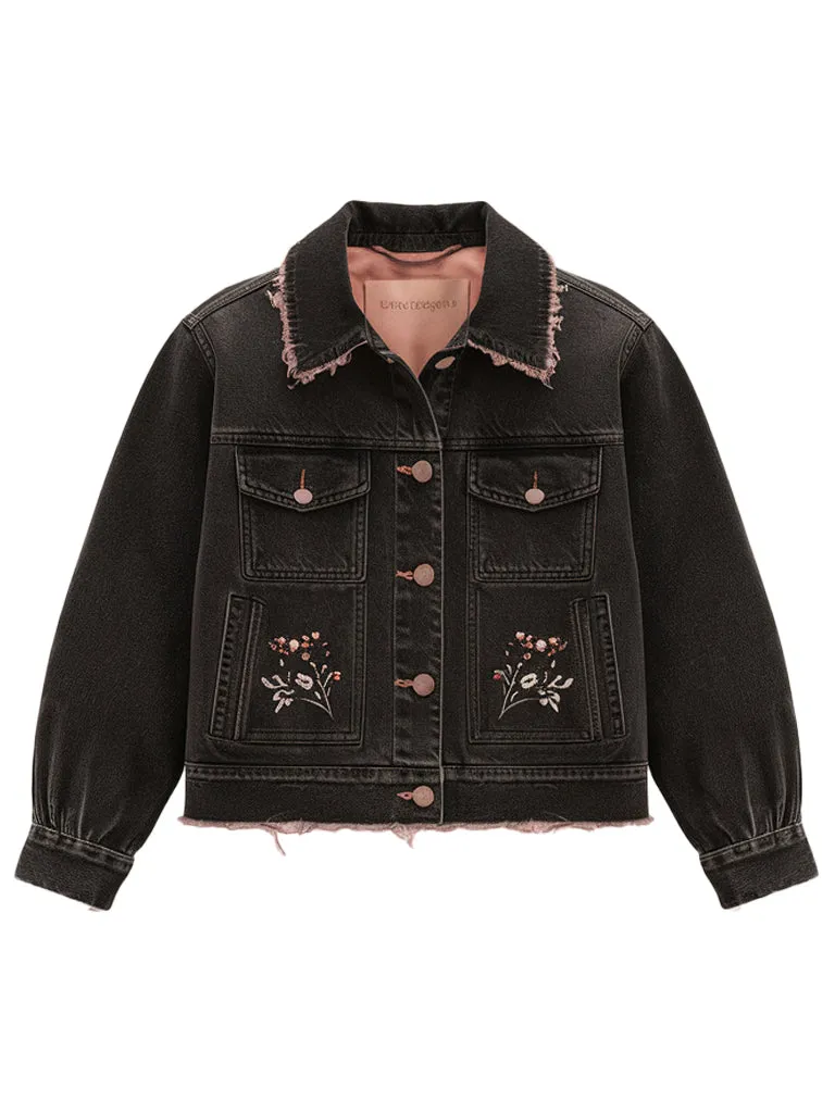 Women's Vintage Frayed Collar Black Denim Jacket