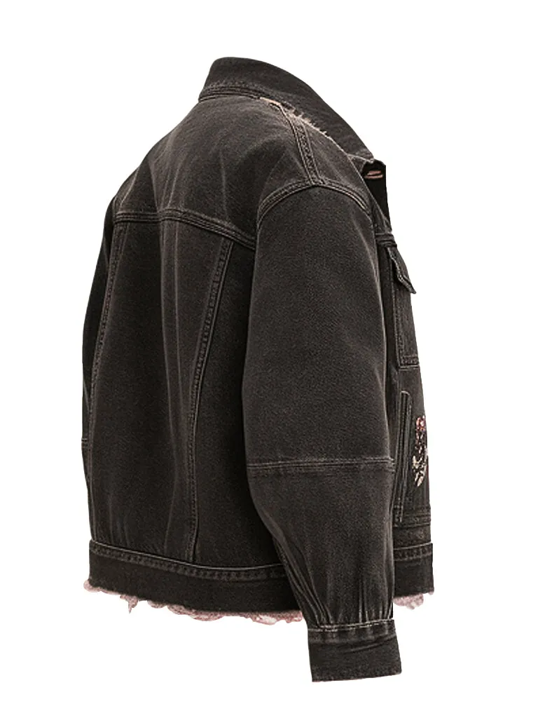 Women's Vintage Frayed Collar Black Denim Jacket