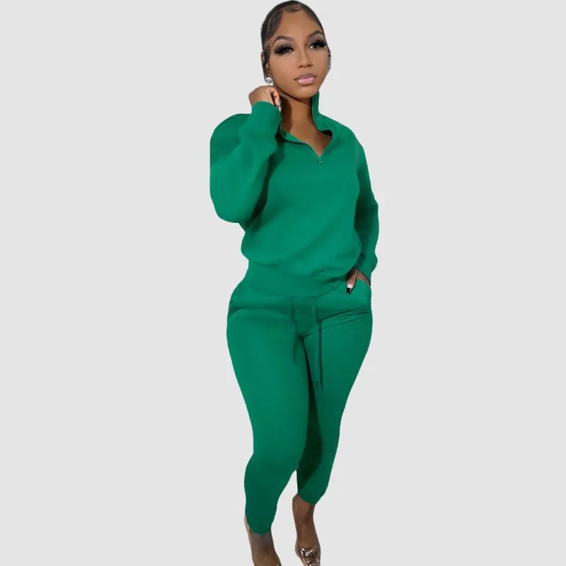 Zipper Sweatshirt & Drawstring Waist Pants Set